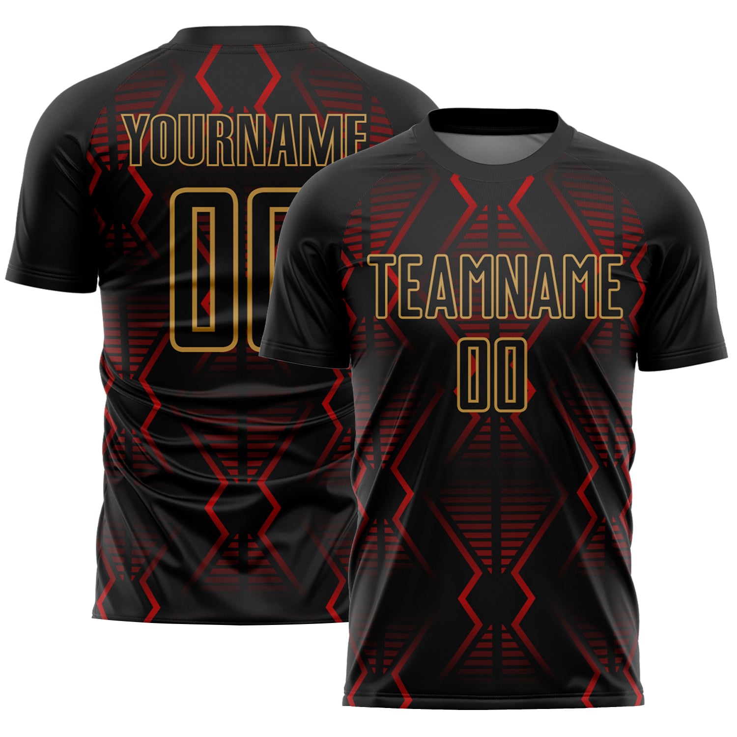 Custom Black Red-Old Gold Geometric Shapes Sublima_1 Black Red-Old Gold Geometric Shapes Sublima Soccer Uniform - Image 1