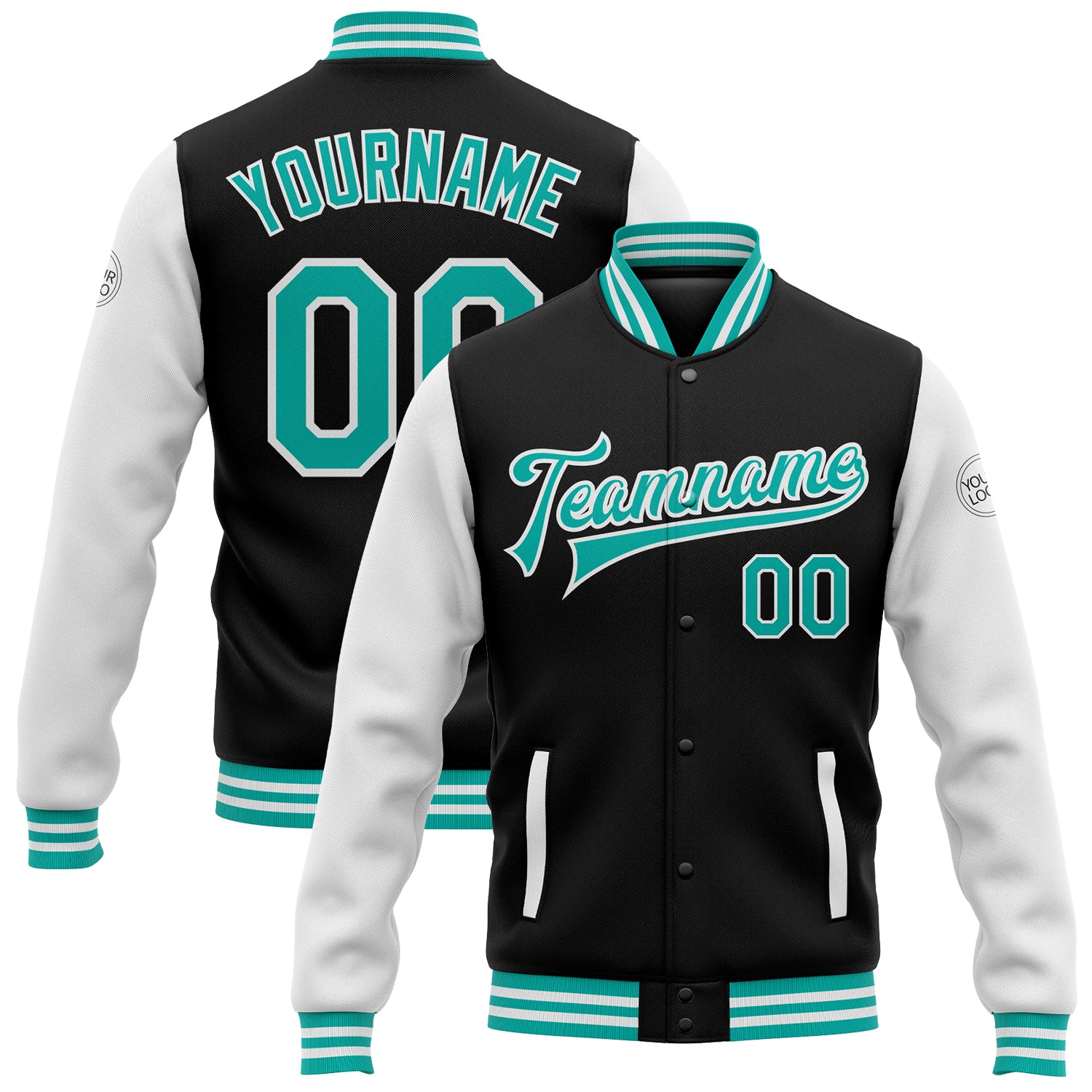 Custom Black Aqua-White Bomber Full-Snap Varsity L_1 Customizable Full-Snap Varsity Jacket - Image 1